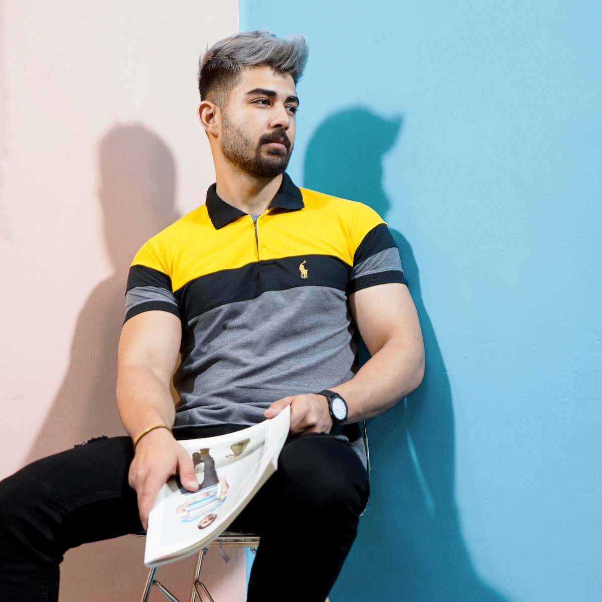 تيشرت مردانه رنگ طوسي زرد مدل chian