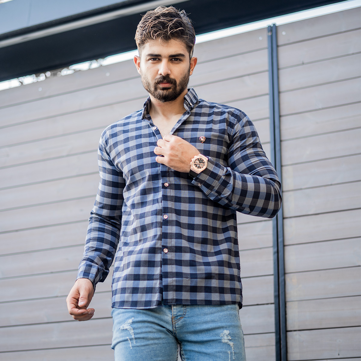 پیراهن چهار خونه آبی مردانه مدل Morik