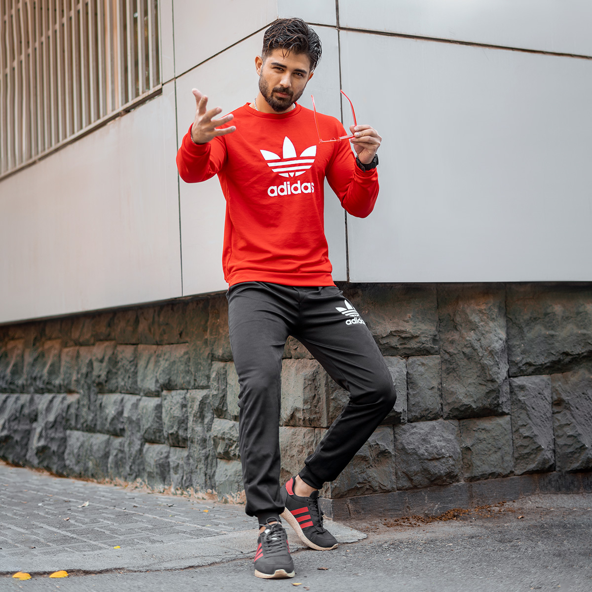 ست بلوز شلوار Adidas مردانه قرمز مشکی مدل Hani