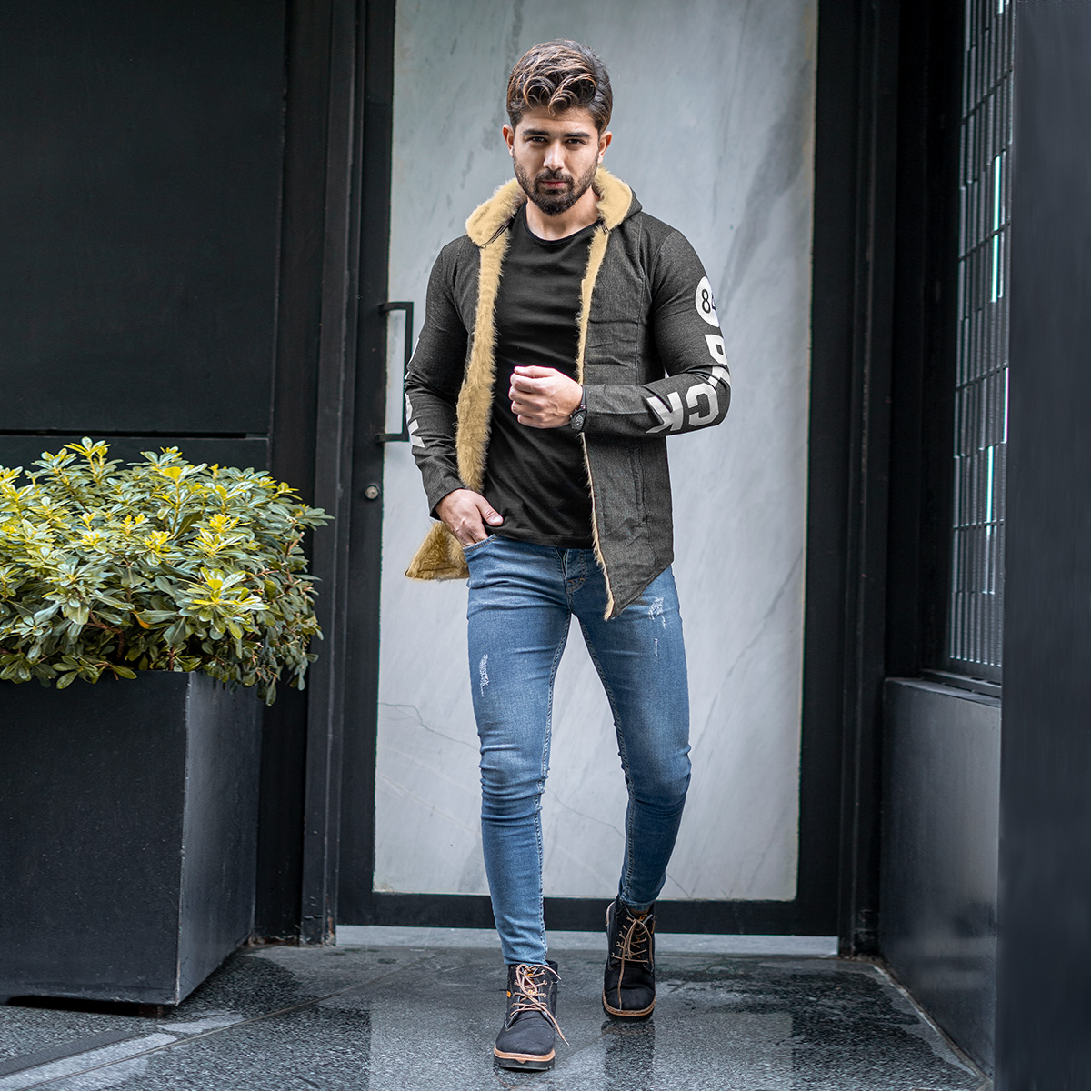 شنل مردانه خزدار ذغالی مدل Armano