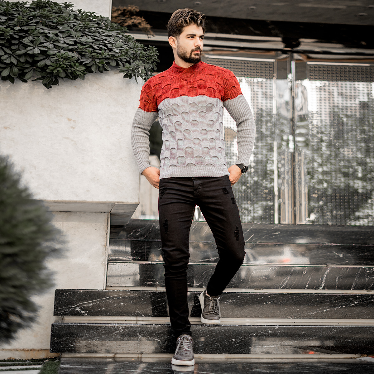 پلیور دورنگ قرمزطوسی مردانه مدلArkia