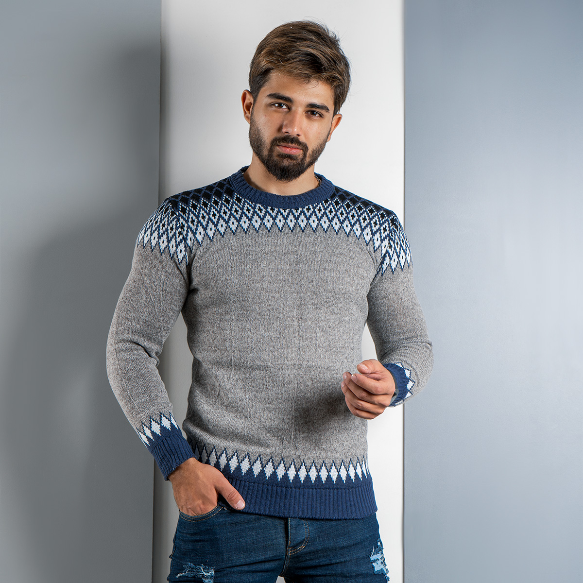 پلیور طوسی آبی(T) مردانه مدل tikal