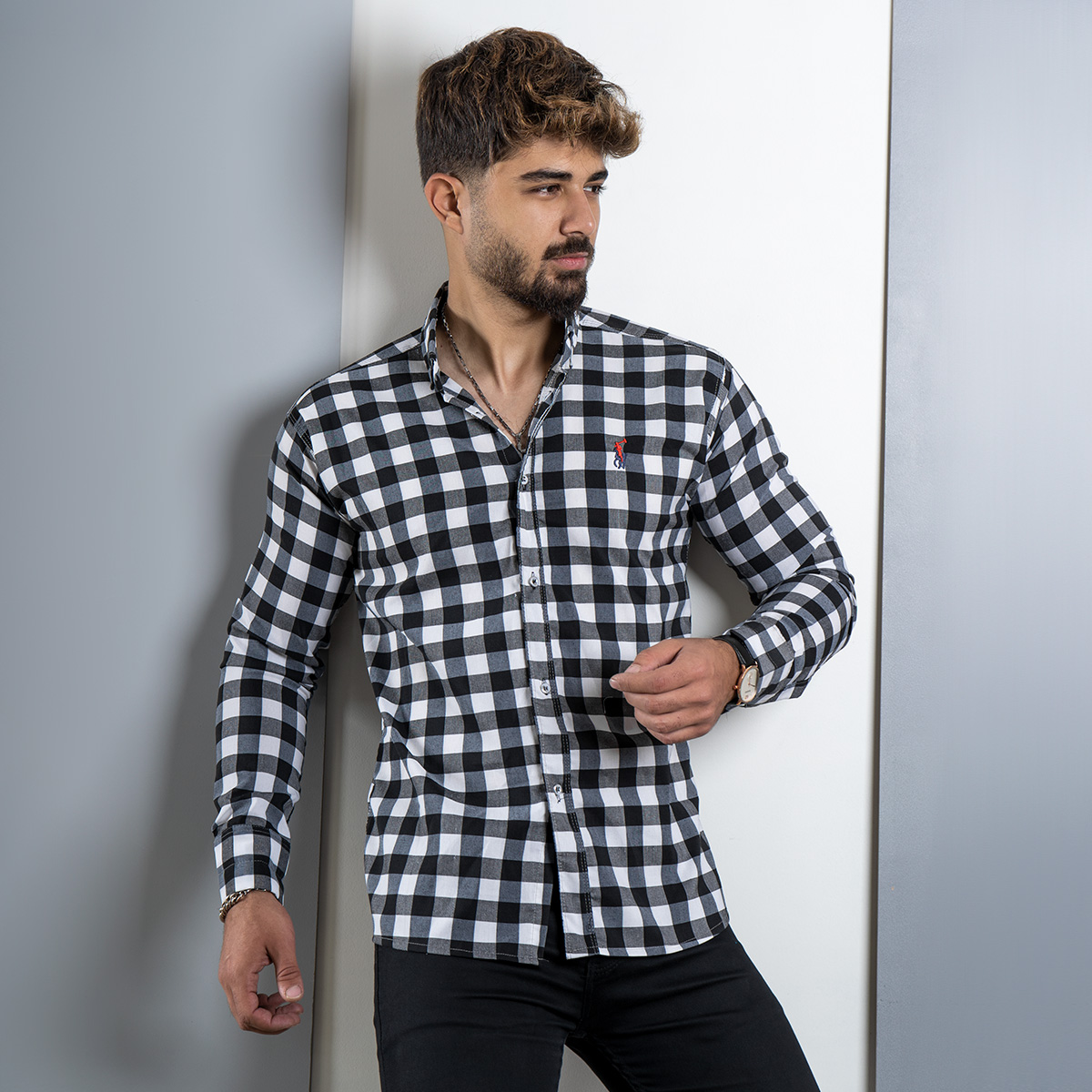 پیراهن مردانه چهارخونه سفید مشکی مدلWoodi