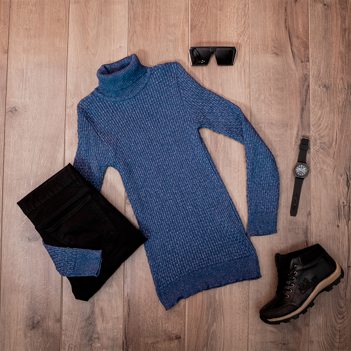 پلیور یقه اسکی مردانه آبی نفتی مدل Oktav