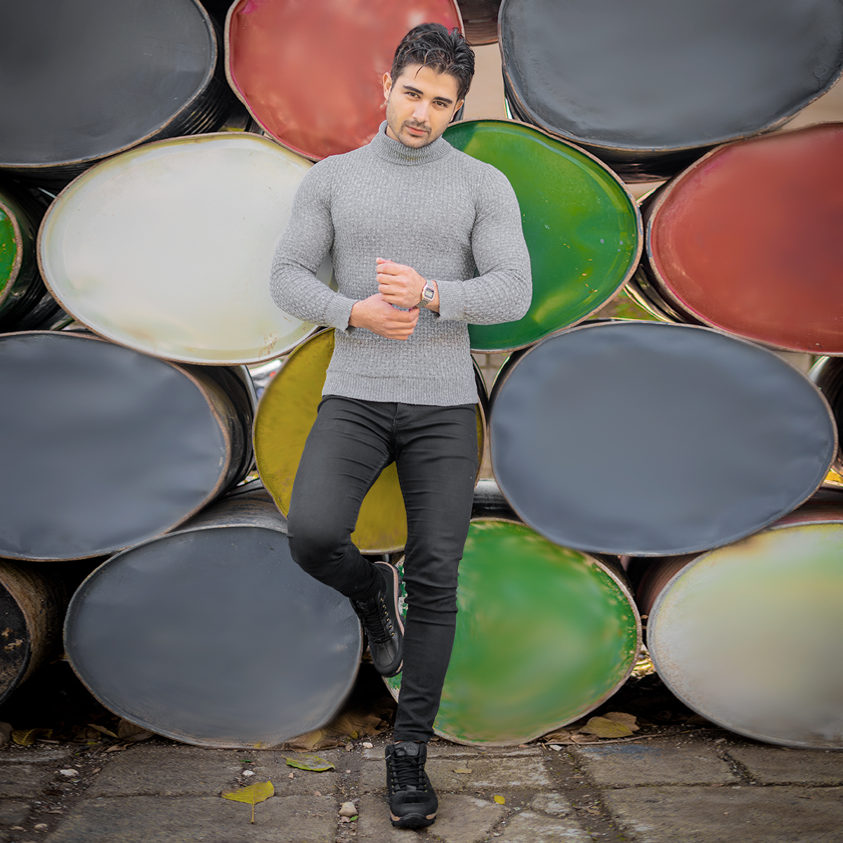 پلیور یقه اسکی مردانه طوسی روشن مدل Oktav