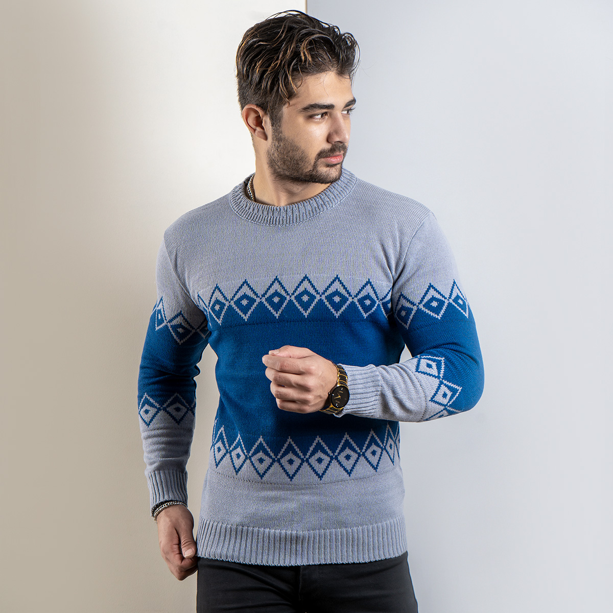 پلیور مردانه طوسی آبی(T) مدل roter