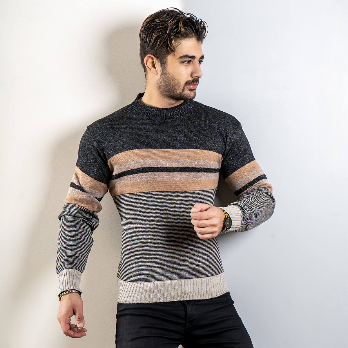 پلیور راه راه ذغالی قهوه ای(T) مردانه مدل yalan