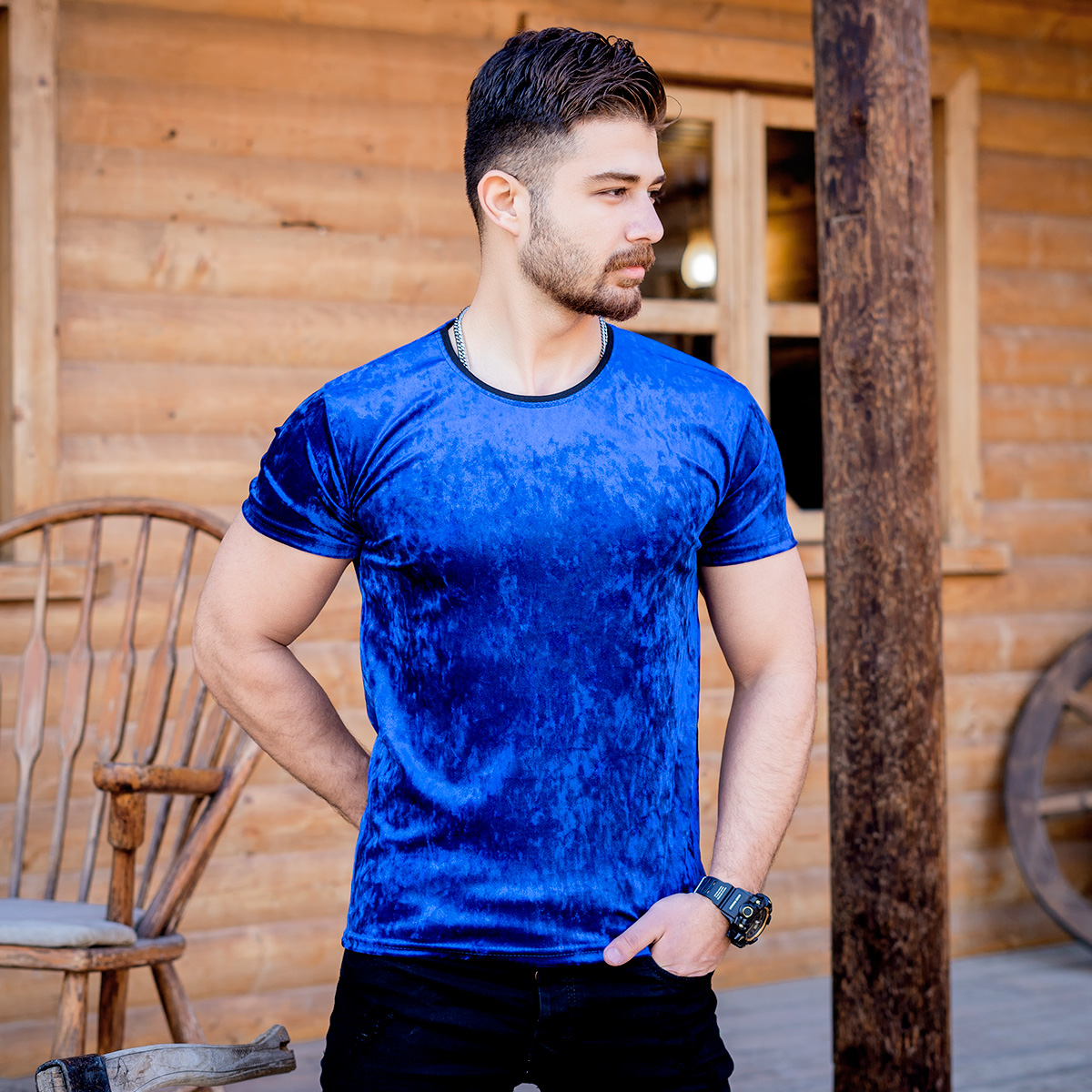 تیشرت مخمل آبی مردانه مدل kevin