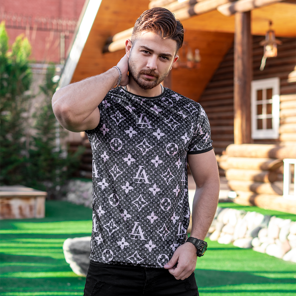 تیشرت مخمل طرحدار مردانه مدل louis vuitton