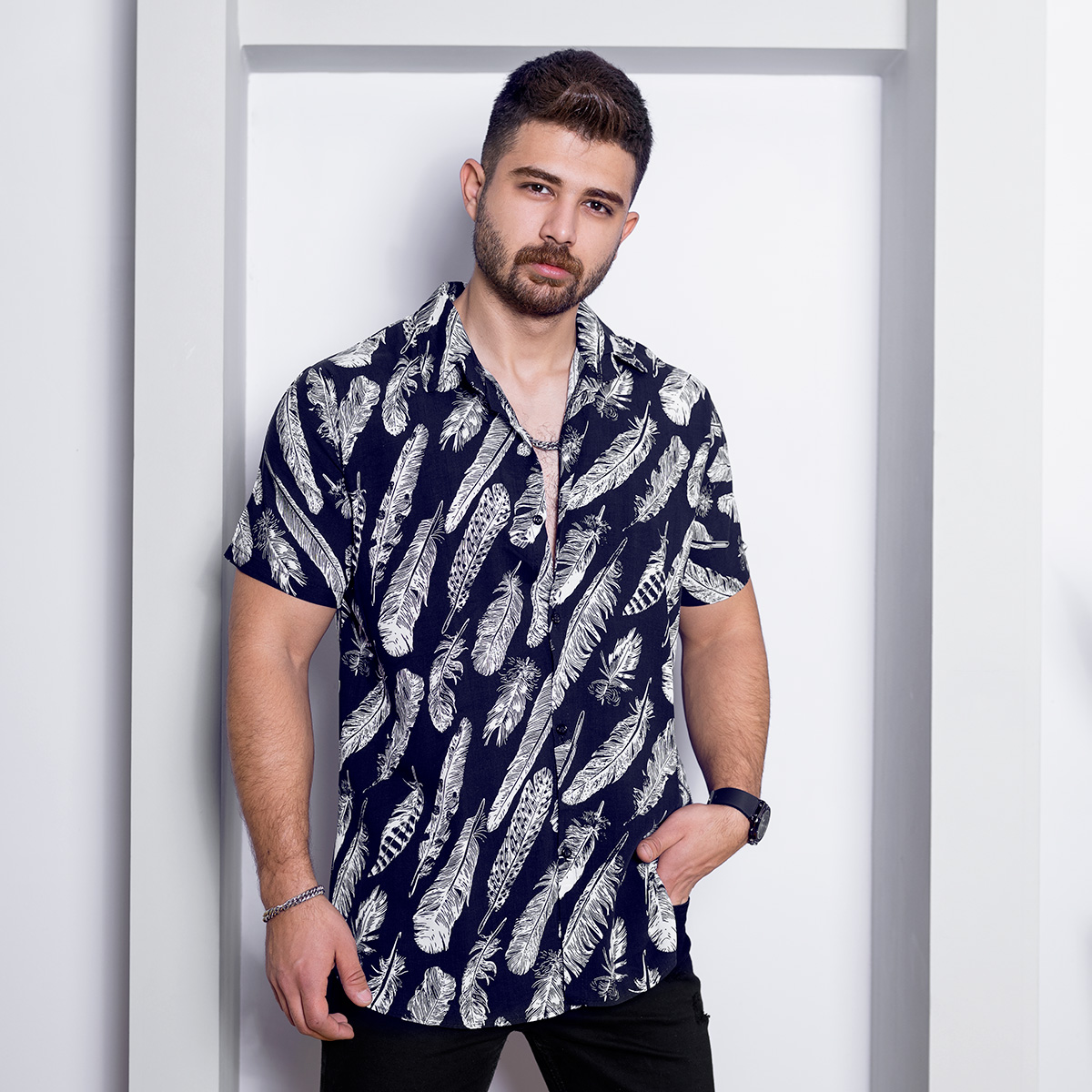 پیراهن هاوایی مردانه سرمه ای مدل Noyan