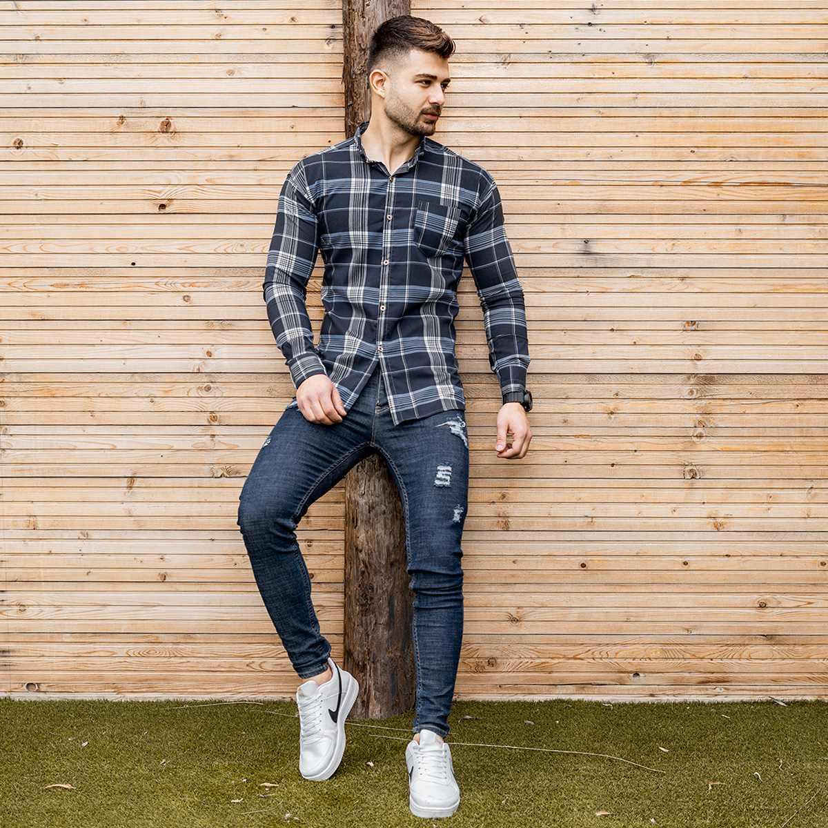 پیراهن راه راه مردانه طوسی آبی مدلwigo