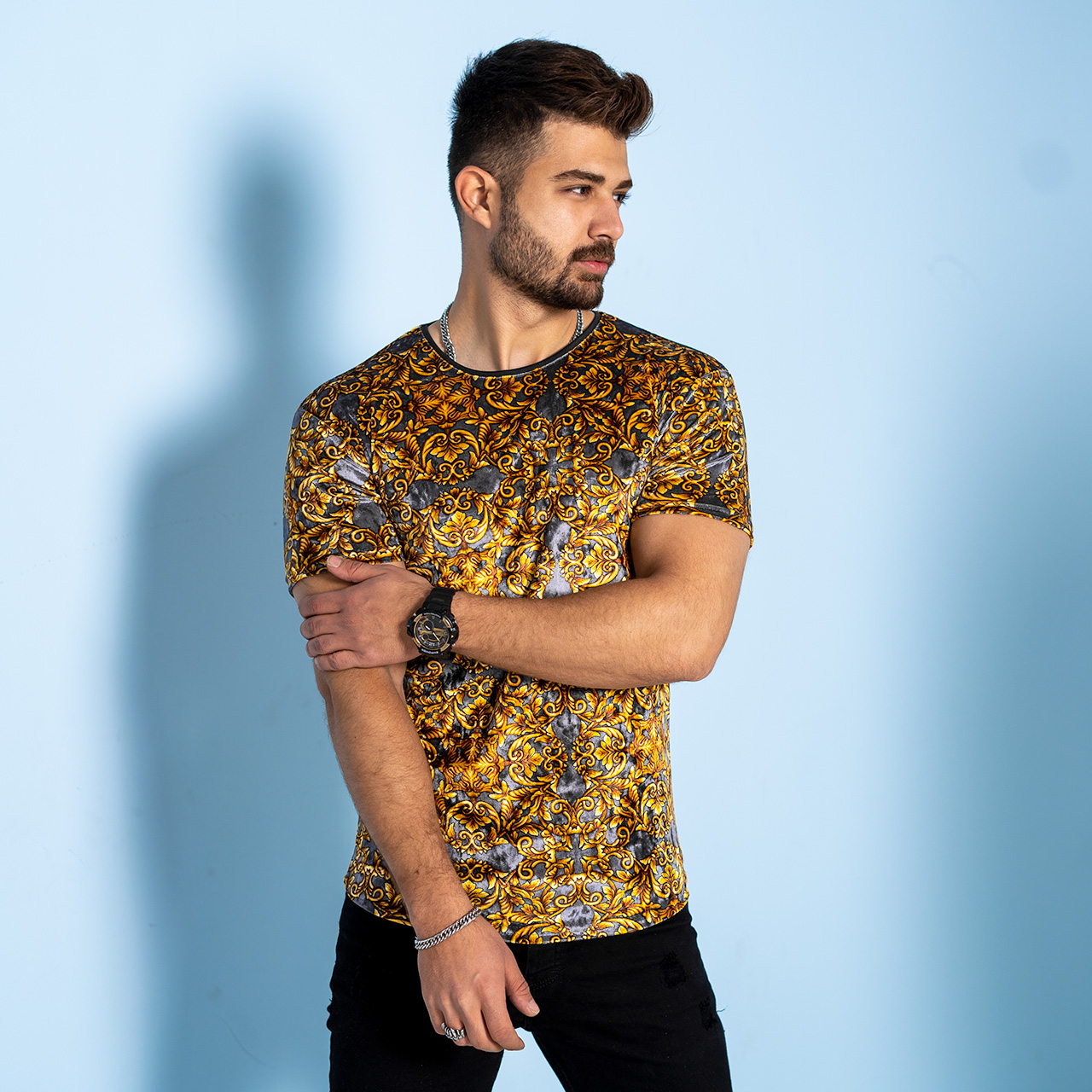 تیشرت مخمل طوسی طلایی مردانه مدلSilver