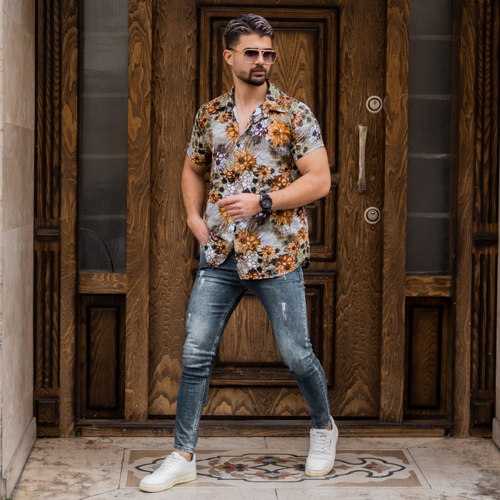 پیراهن مردانه گل آفتابگران قهوه ای مدل 57