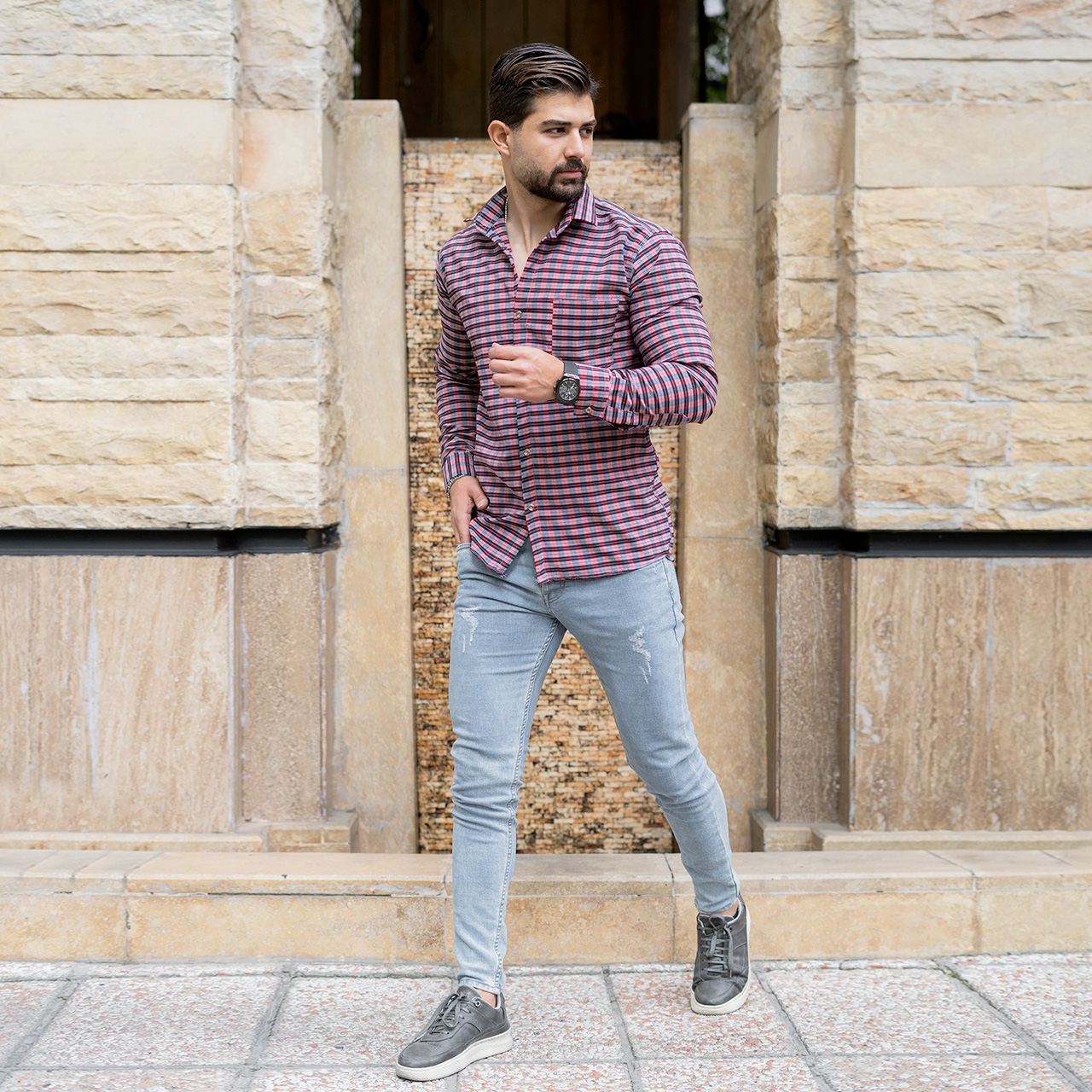 پیراهن مردانه(T) چهار خونه ریز قرمز مدل T78