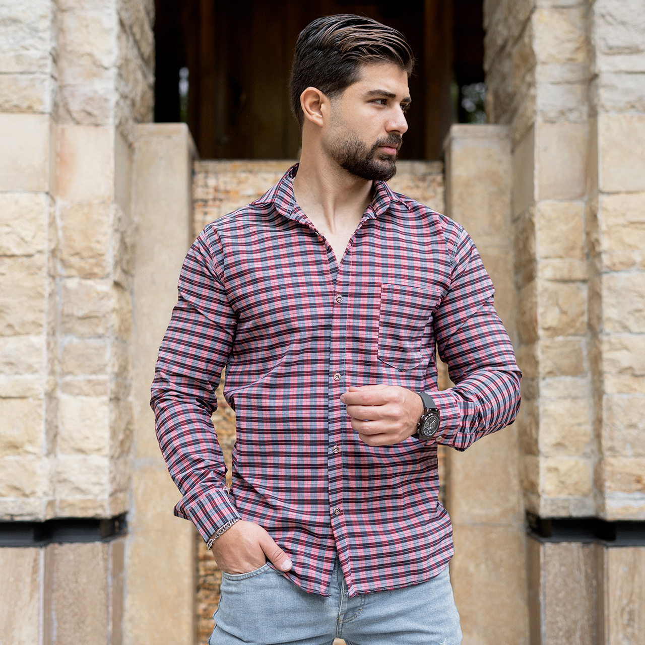 پیراهن مردانه(T) چهار خونه ریز قرمز مدل T78