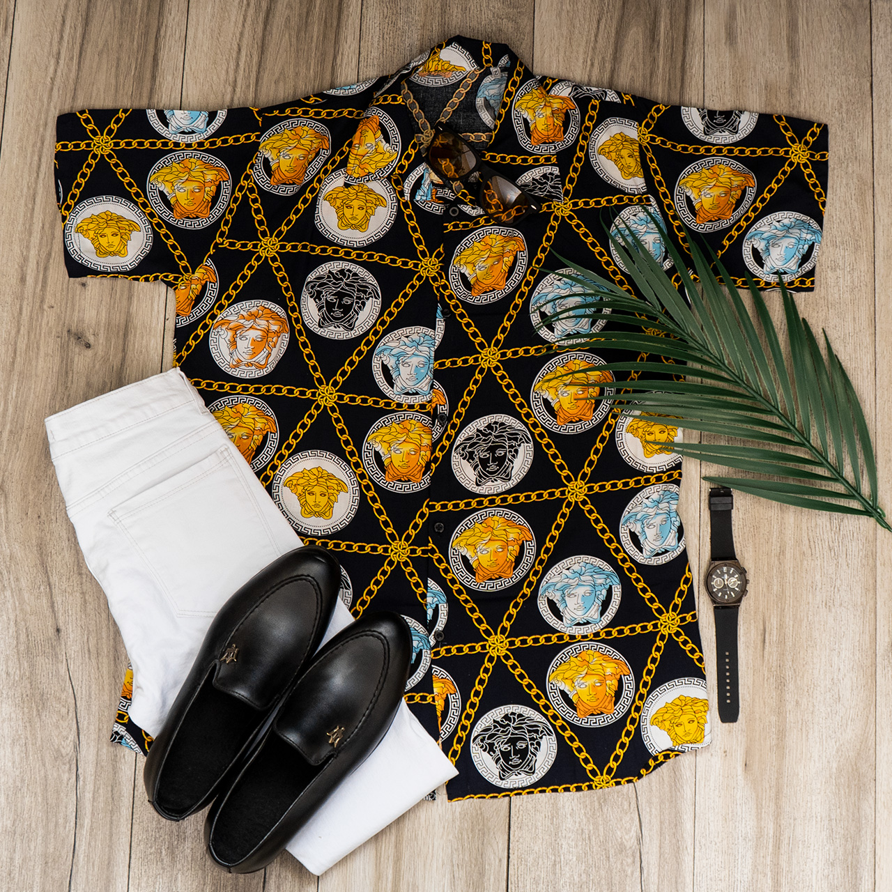 پیراهن هاوایی مردانه ورساچه سرمه ای مدل p8