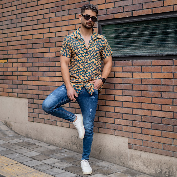 پیراهن هاوایی طرح فندی زرد مردانه مدل F82