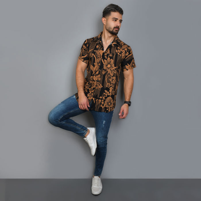 پیراهن هاوایی مردانه طرح گل قهوه ای مدل B72
