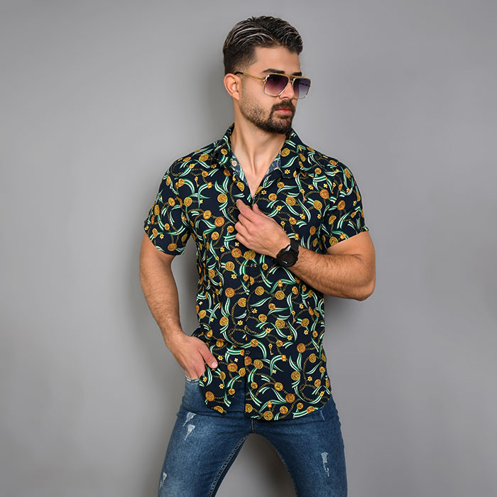 پیراهن هاوایی مردانه ورساچه طرح مدال مدل k50