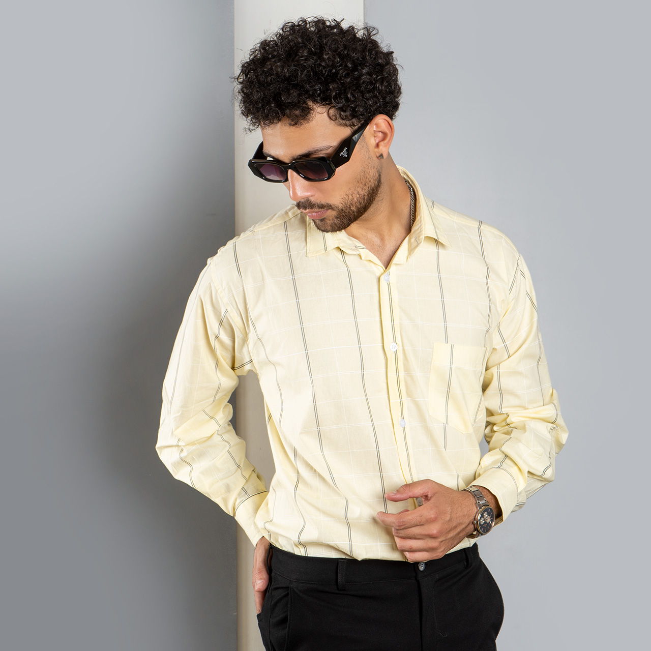 پیراهن خط دار زرد مردانه مدل Morfi