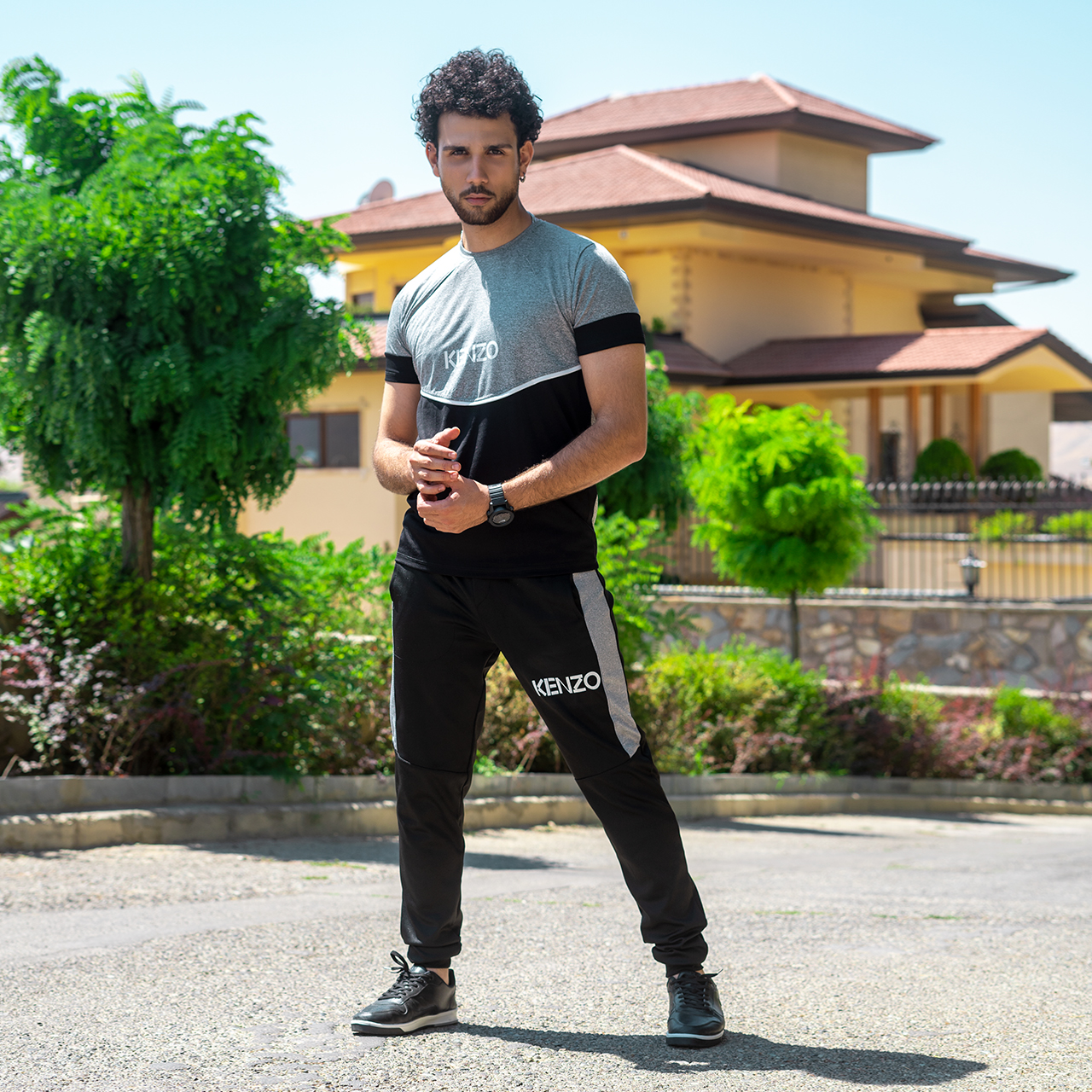 ست تیشرت شلوار مردانه طوسی مشکی مدل kenzo