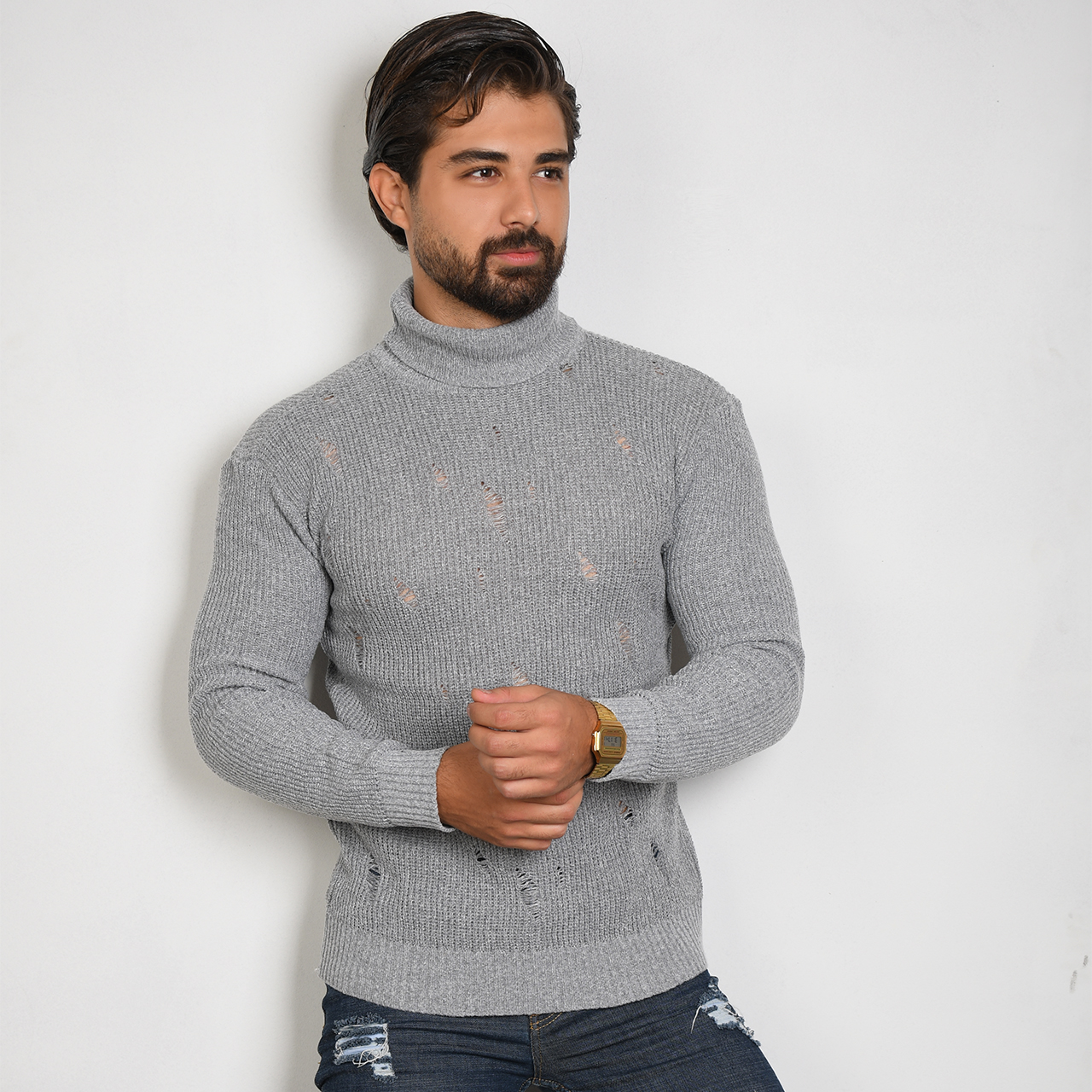 پلیور یقه اسکی طوسی زاپ دار مردانه مدل U10