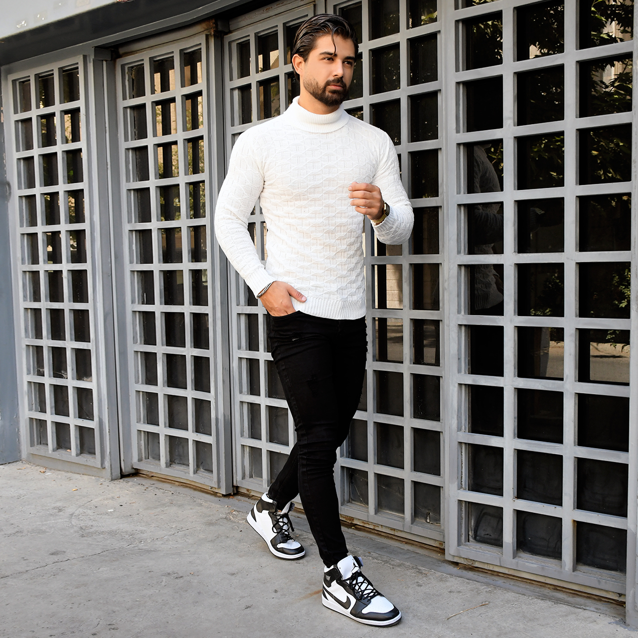 پلیور یقه اسکی سفید طرح لوزی مردانه مدلG10