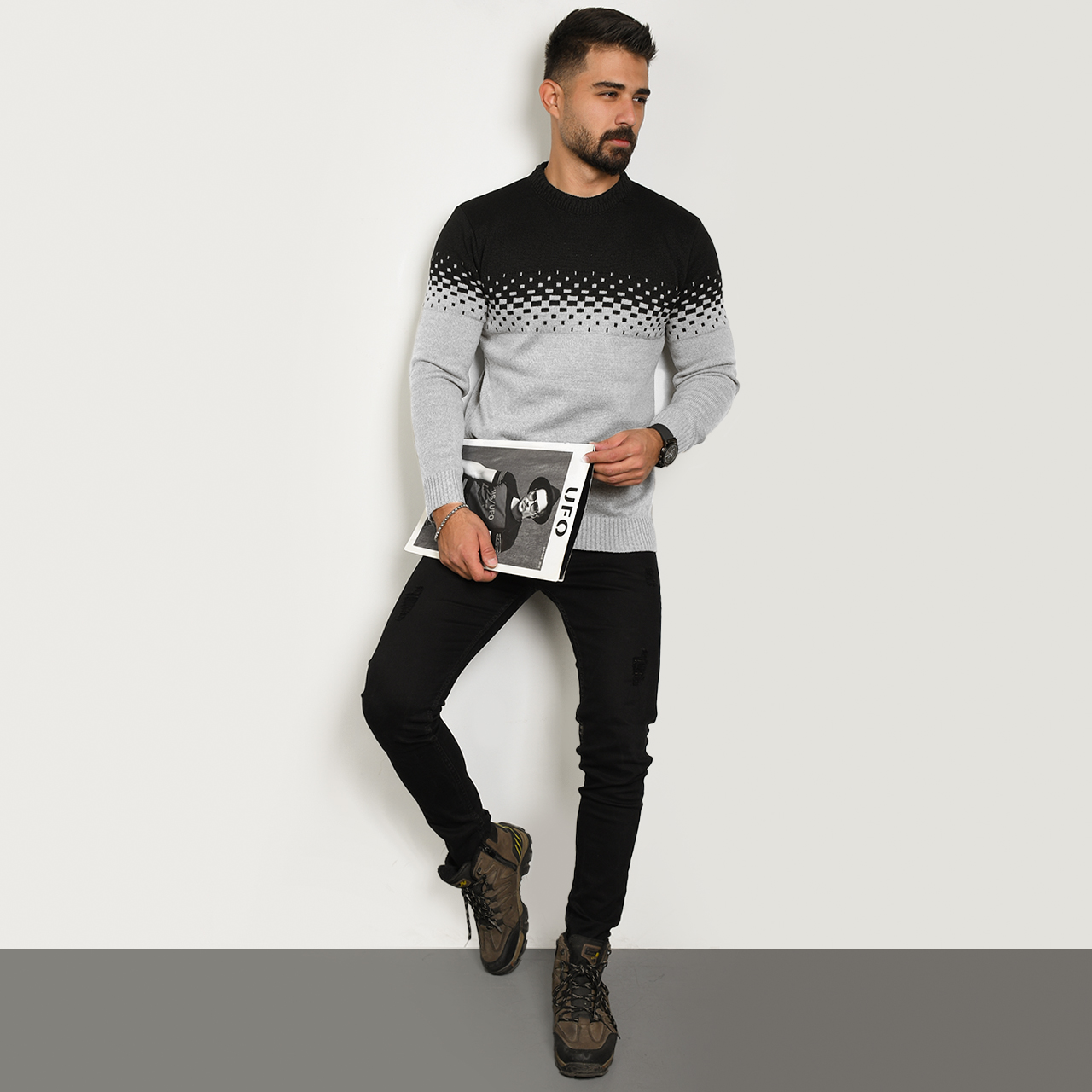 پلیور مردانه دو رنگ طوسی مشکی مدلShatel