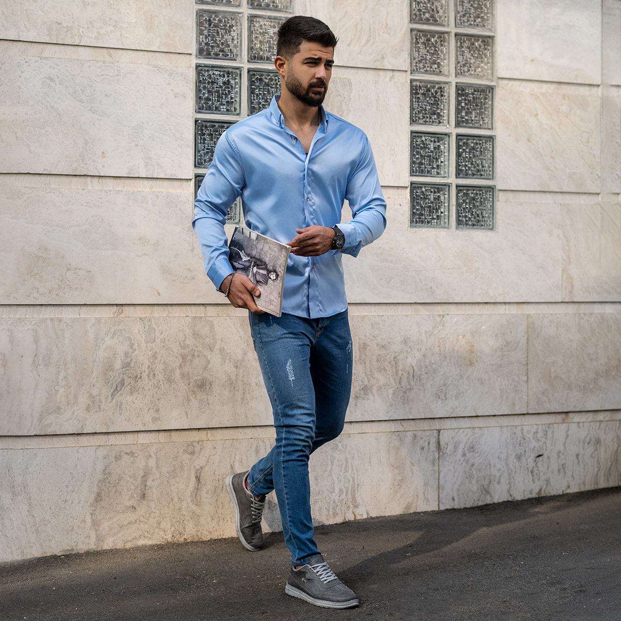 پیراهن ساتن آبی مردانه مدل Rabo