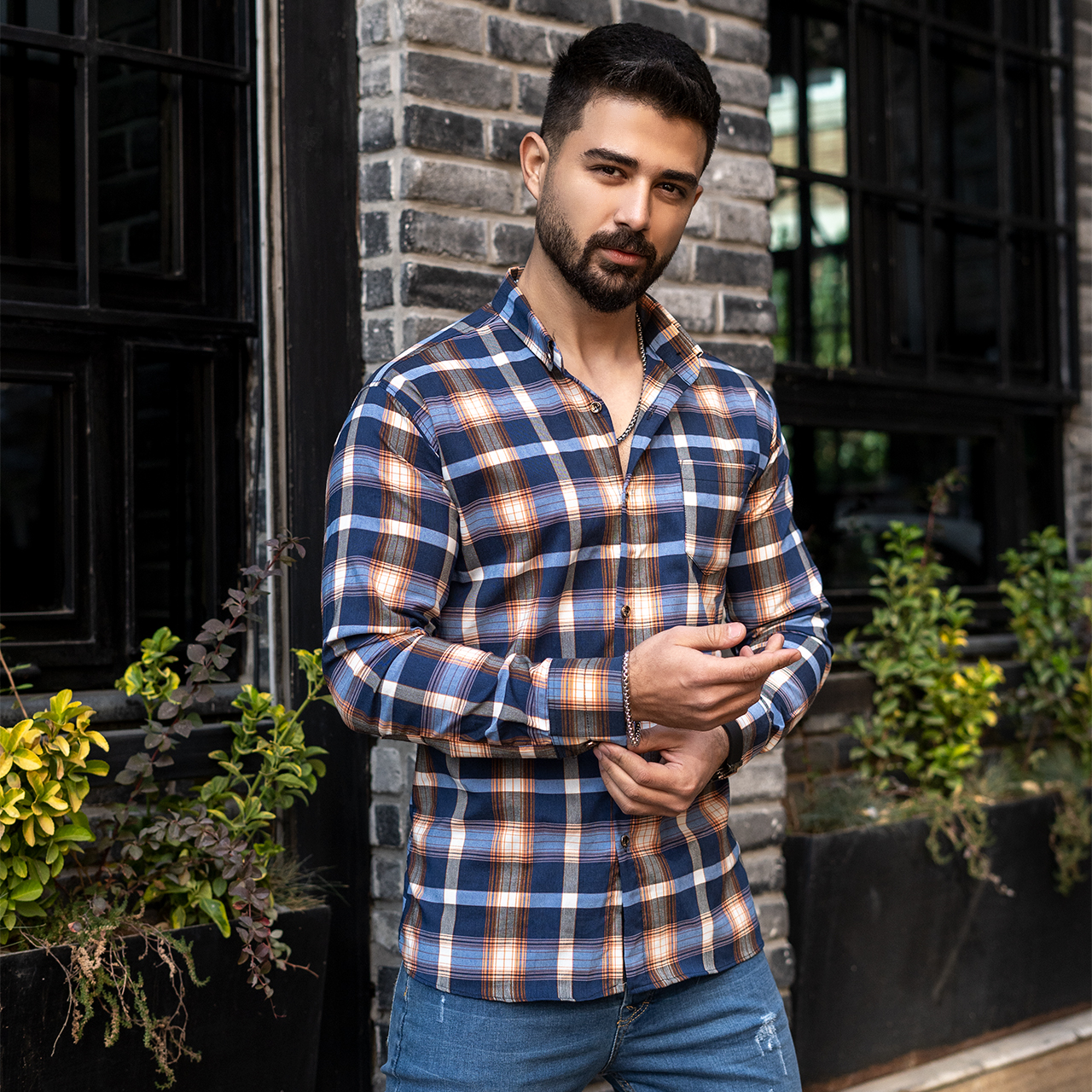 پیراهن مردانه سرمه ای نارنجی مدل Redi