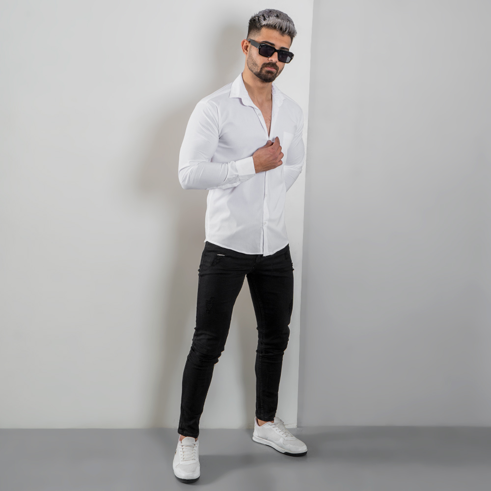 پیراهن مردانه سفید ساده جیب دار مردانه مدل VQ