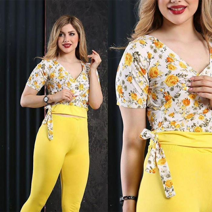 ست تیشرت شلوارک زنانه گل دار زرد مدل ADELA