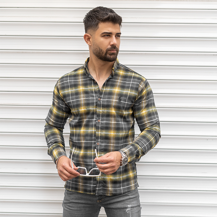 پیراهن مردانه زرد سرمه ای مدل Farzad