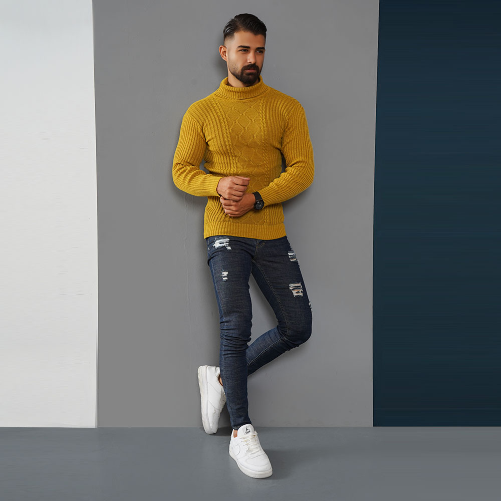 پلیوربافت مردانه خردلی یقه اسکی مدل Hakan