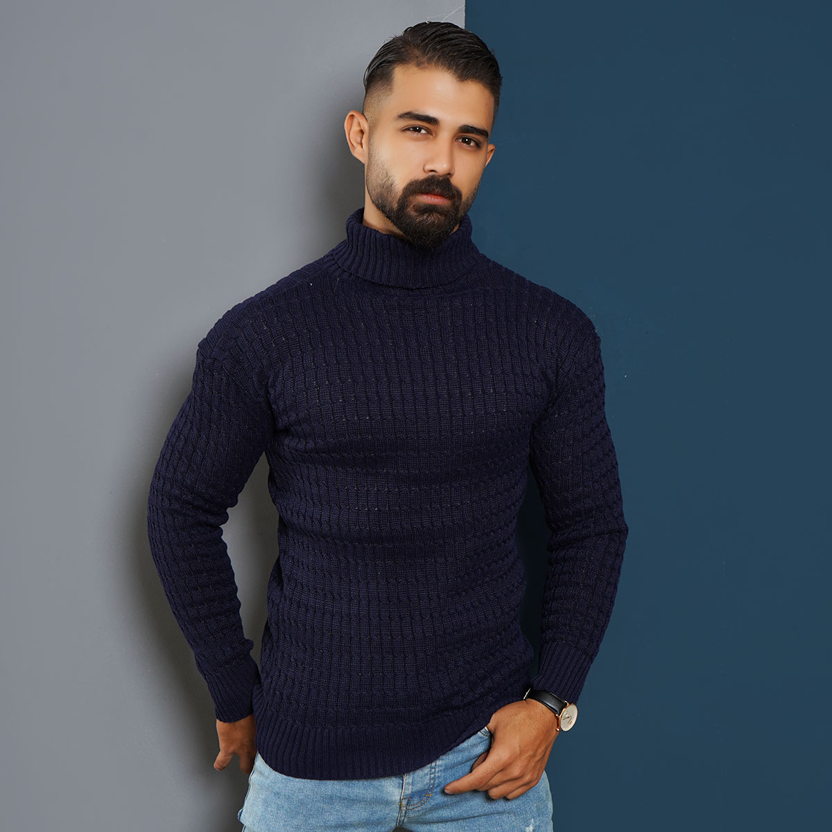 پلیوربافت مردانه سرمه ای یقه اسکی مدل Pouyan