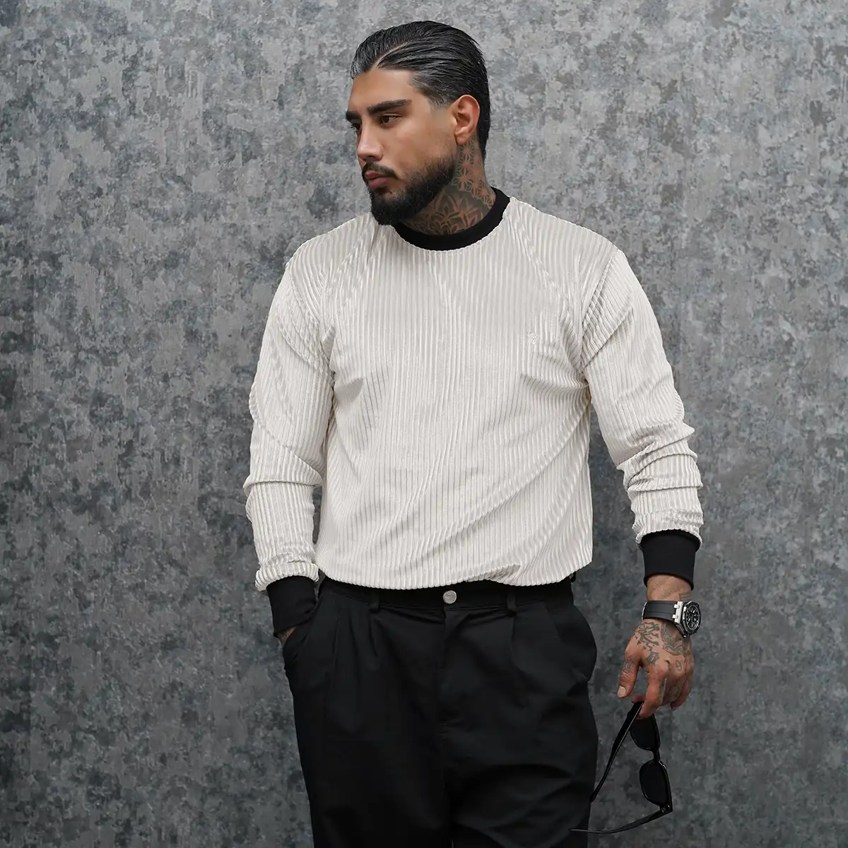 تیشرت آستین بلند سفید مردانه مدل Behrouz