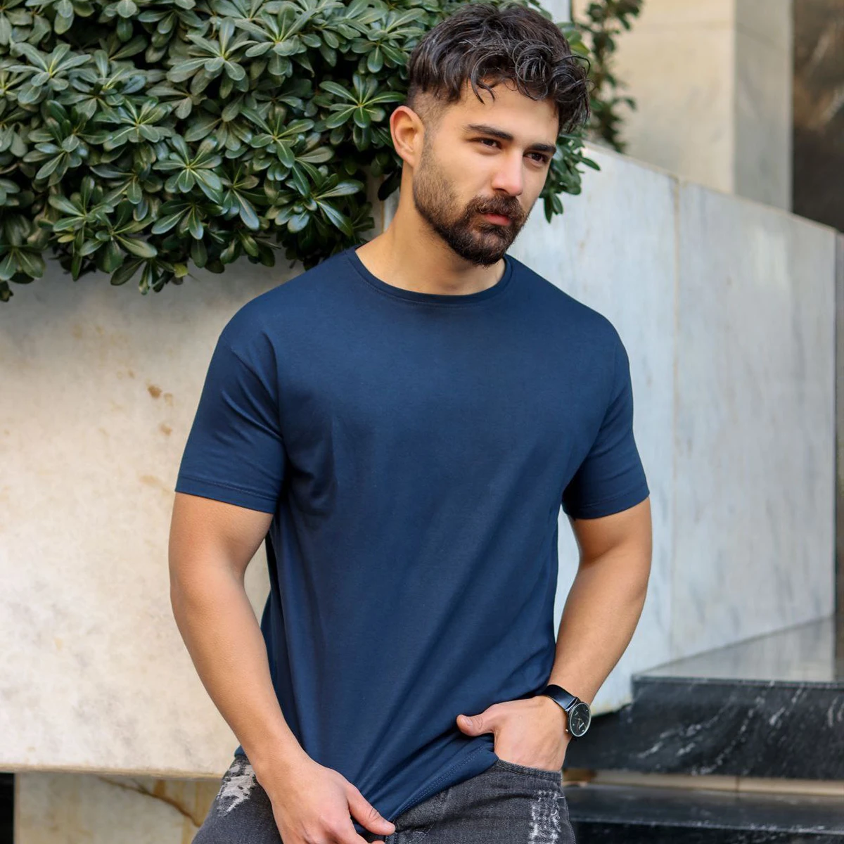 تیشرت ساده سرمه ای مردانه مدل Vala