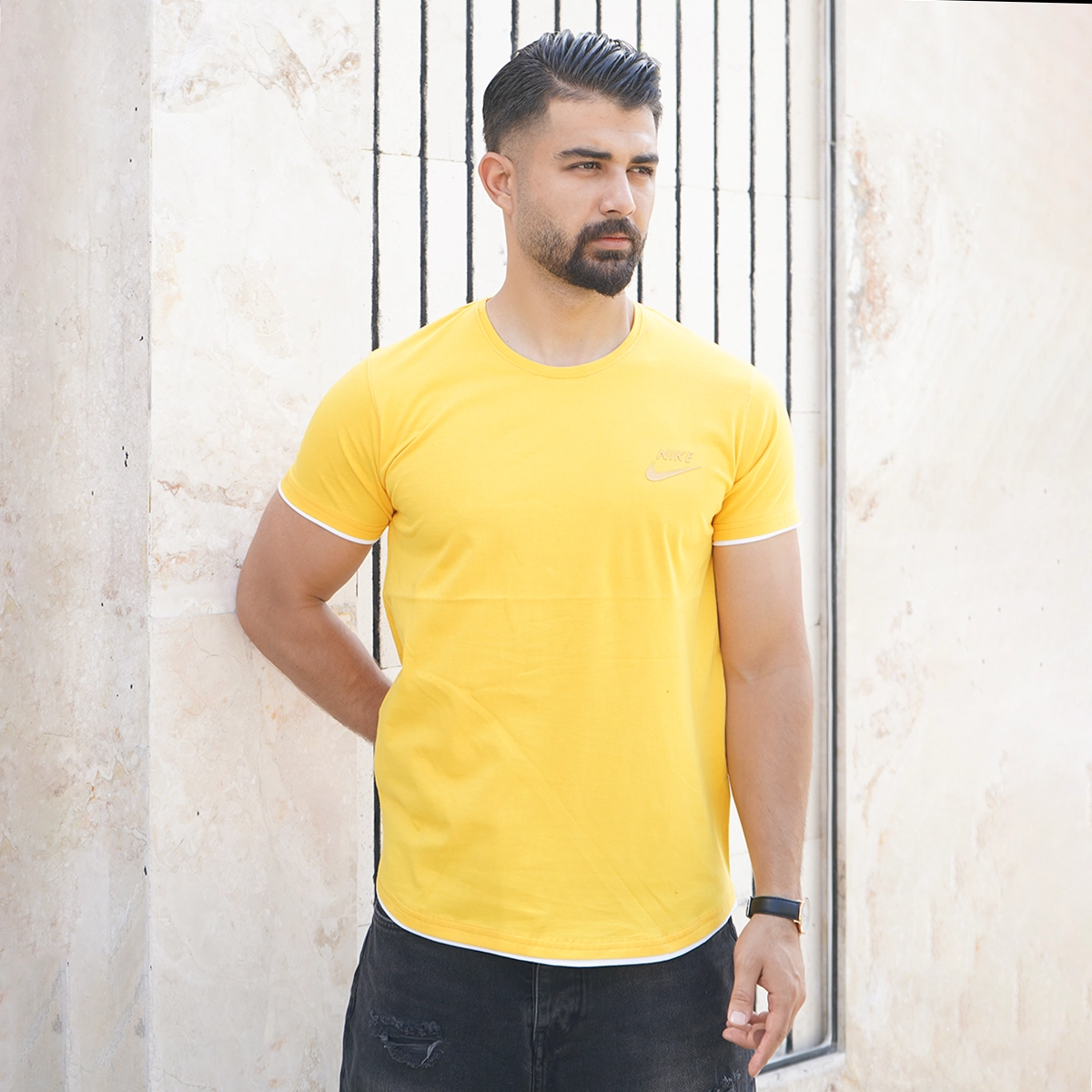 تیشرت یقه گرد زرد مردانه مدل kamyar