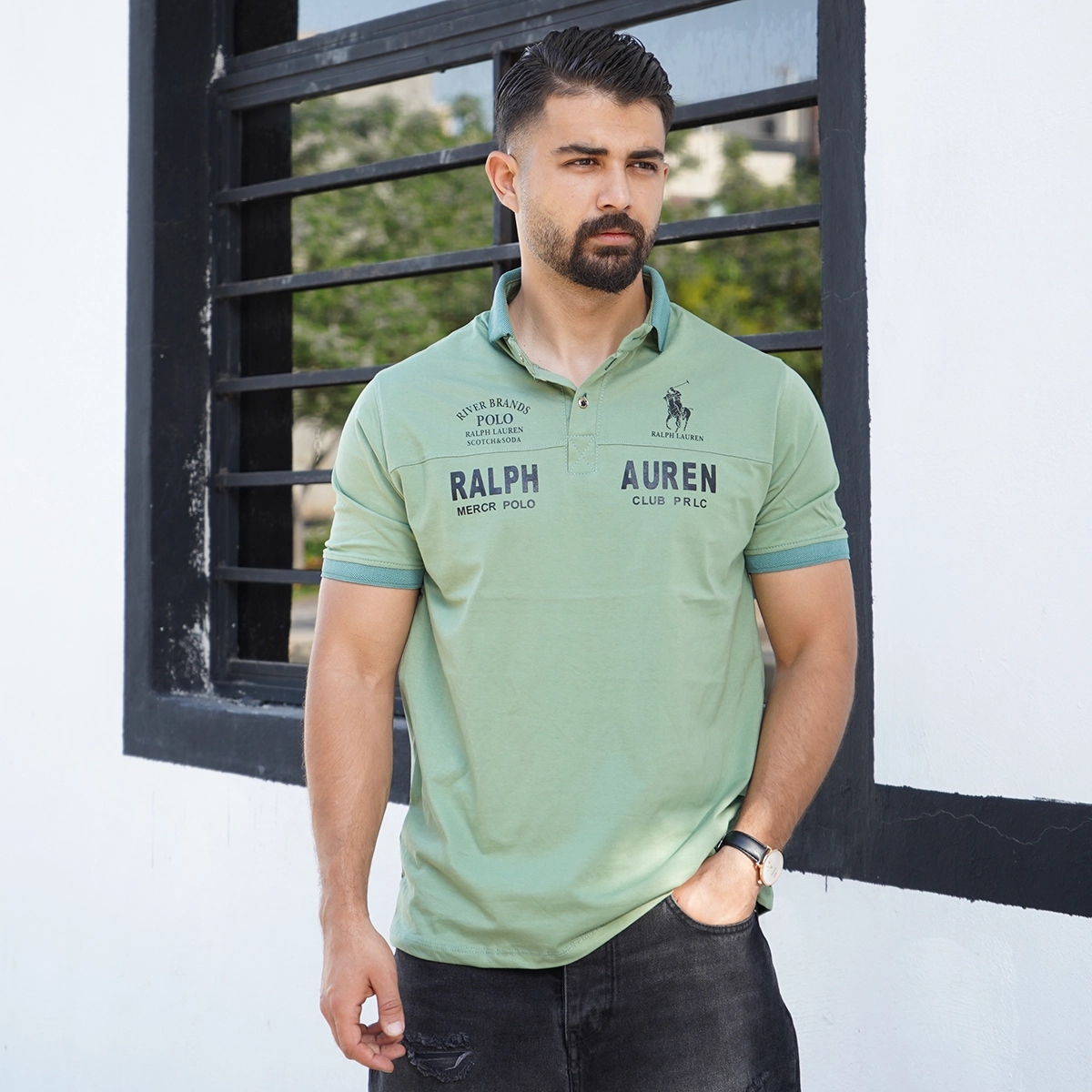 تیشرت یقه دار سبز مردانه مدل Ralph