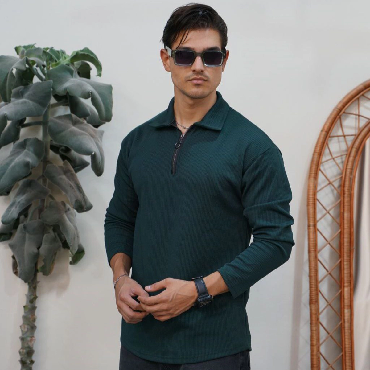 بلوز مردانه نیم زیپ آستین بلند سبز مدل FARBOD