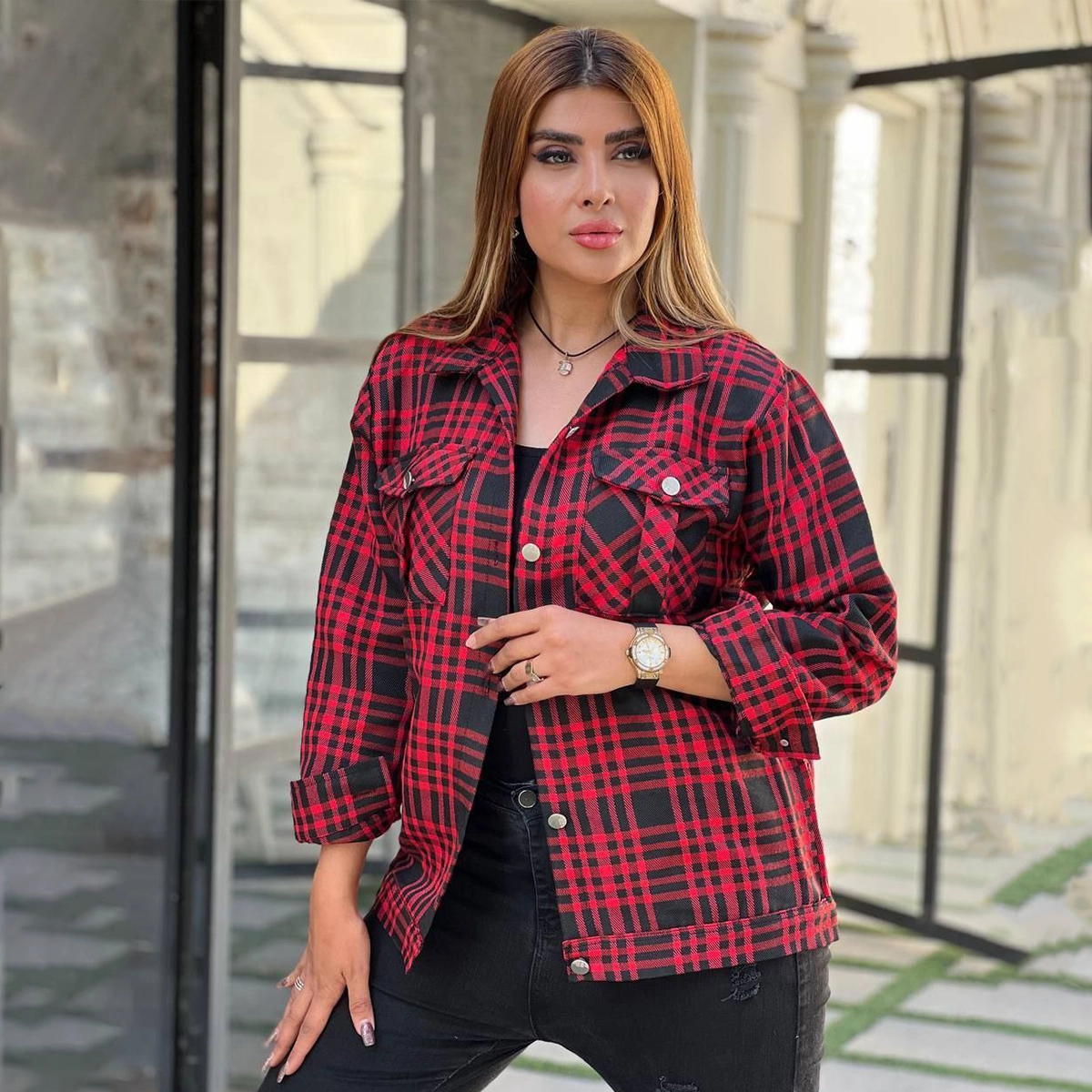 شکت پاییزه چهارخونه قرمز زنانه مدل Hoda