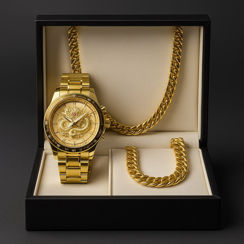 ست ساعت و گردنبند و دستبند طلایی Dragon