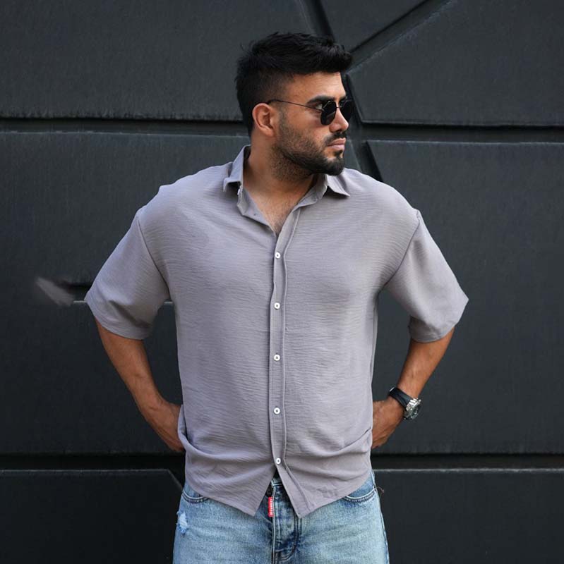 پیراهن آستین کوتاه طوسی مردانه مدل باکسی