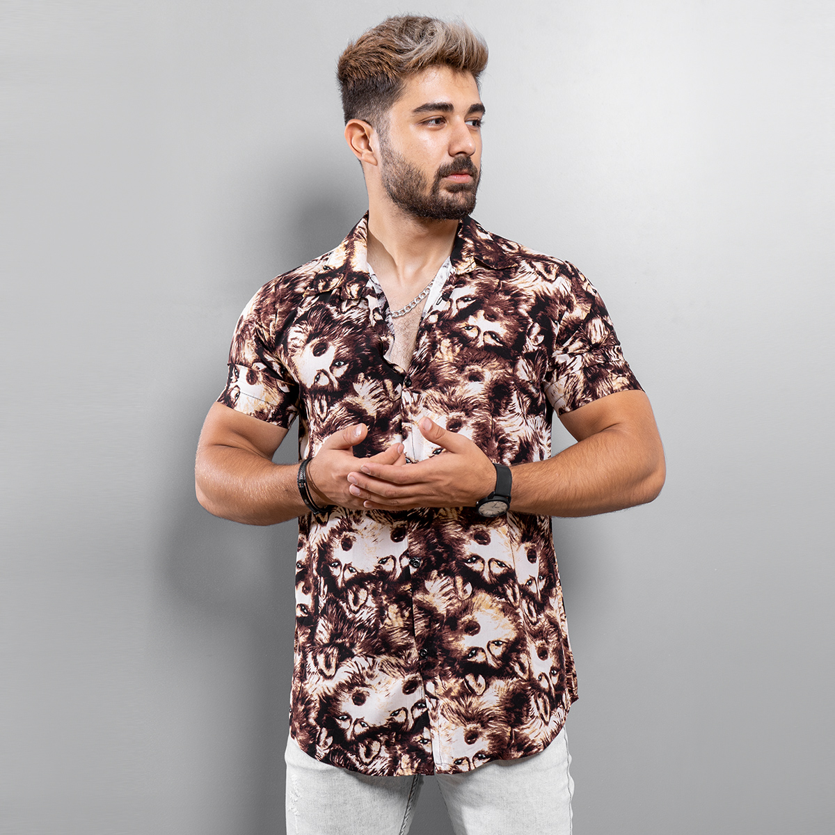 پیراهن هاوایی مردانه مدل Wolf